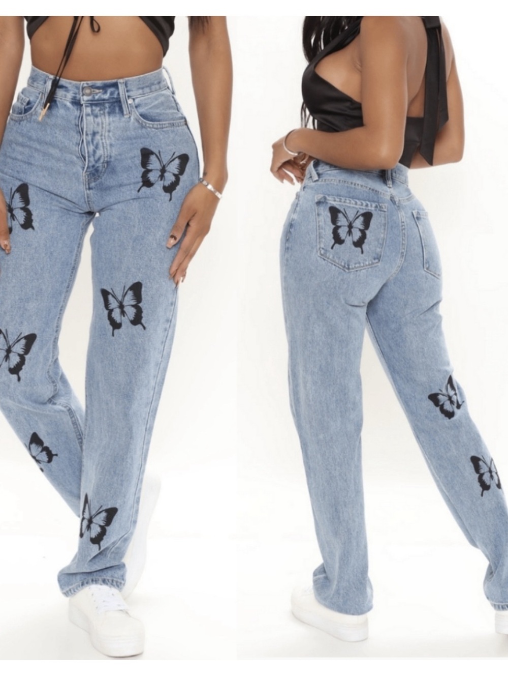 Fashion Nova High-Waist Straight Light Blue Butterfly Print Jeans